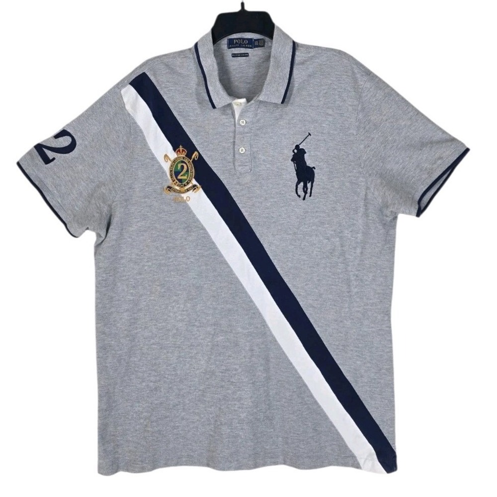 Ralph Lauren Polo Shirt Men 2XL Gray White Navy Sash Big Pony #2 Gold Crest Slim